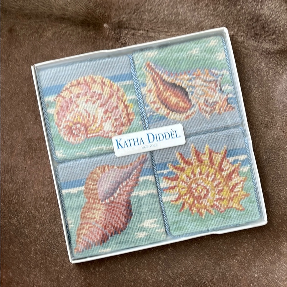 Katha Diddel Sea Shell Needle Point Embroidered Square Coasters Set of 4